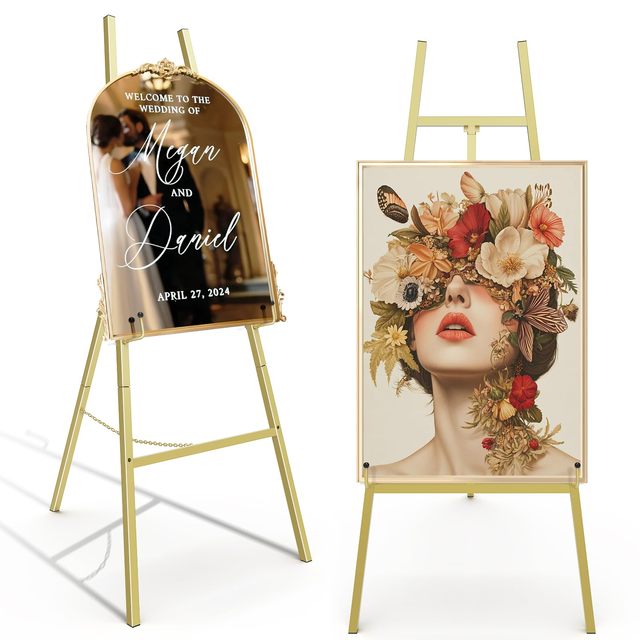 4-Tier Height Art Easel Heavy Duty Metal Display Easel Gold Easel Stand with Adjustable Chain for Painting Wedding Sign Posters