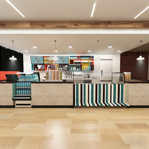 Airy Luxe Bakery & Coffee Market Stall Featuring Glass Display Case, Open Tiered Shelving, and Integrated Warm Lighting - Product Image 1