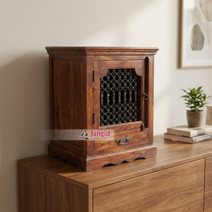 Table de chevet de style vintage en bois et fer avec motif Jali découpé, 1 porte et tiroir de rangement, petite boîte de rangement pour chambre à coucher - Product Image 2