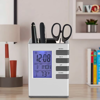 Werbeartikel Elektronische Digitale LCD-Stifthalter-Tischuhr mit Hintergrundbeleuchtung, Wecker, Kalender, Innentemperaturanzeige für Zuhause und Büro, Geschenkidee