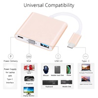 Adaptor USB C ke VGA 3 in 1, Port USB 3.0, Pengisian Daya PD, 1080P 60Hz, Konverter Multiport dari Aluminium Alloy untuk Laptop, Smartphone, Tablet