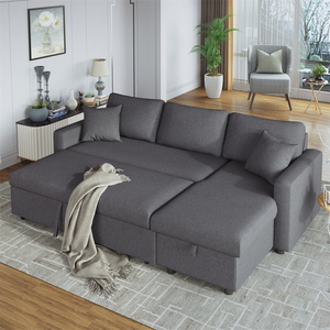 Wholesale Modern Linen Corner <strong>Sofa</strong> Pull Out Upholstery Sleeper <strong>Convertible</strong> L Shaped <strong>Sofa</strong> Come <strong>Bed</strong> Grey with Storage Space Chaise - Product Image 1
