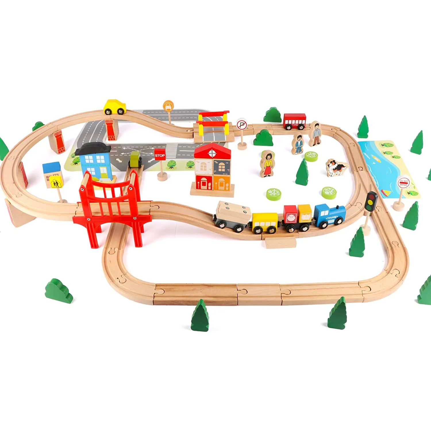 Wholesale cheap educational 70 pcs railway wooden toy train sets for kids wooden railway toys