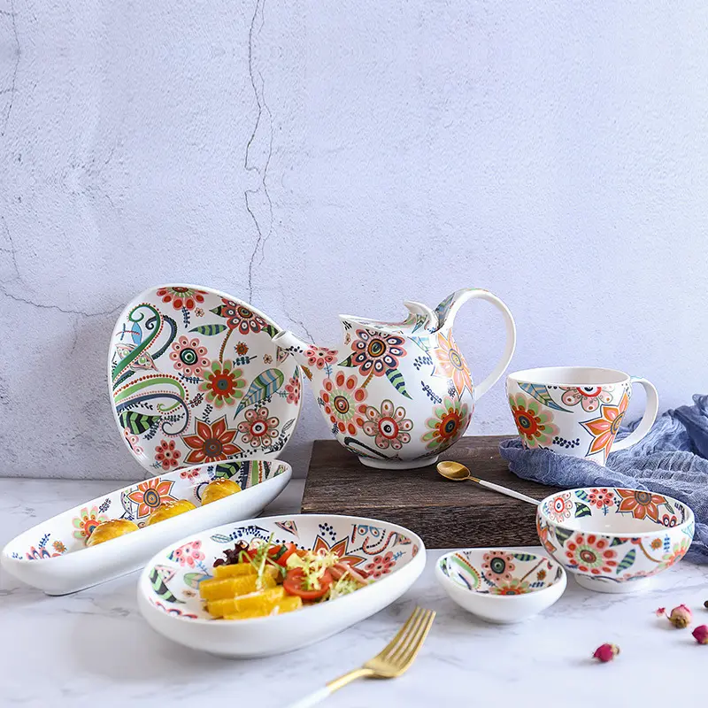 Ebay En Amazon Hotsell Bloem Patroon Porselein Keramische Diner Set Met Kop En Thee Pot