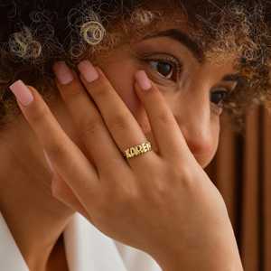 Cincin Nama Bubble Name Ring, Cincin Nama Custom, Lapisan Emas 18K, Anti Karat, Perhiasan Huruf Puff untuk Wanita - Product Image 6