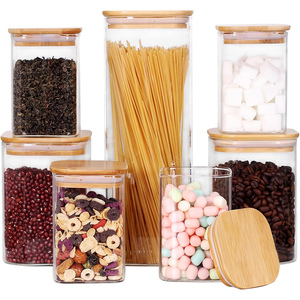 1150ML Glass Storage Canister Square Wooden Lid Eco-Friendly Dustproof Large Capacity <b>Kitchen</b> <b>Pantry</b> Food Storage Container - Product Image 1