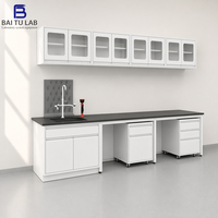 Banc de laboratoire de chimie ODM avec armoire murale, mobilier de laboratoire, établi, porte vitrée, évier, plateau en époxy, unité à tiroirs, pour la recherche hospitalière