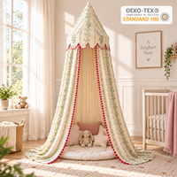 Dôme de lit bébé floral vert 100 % coton respirant, tente de berceau pliable toutes saisons avec pompons rouges et bordure à volants