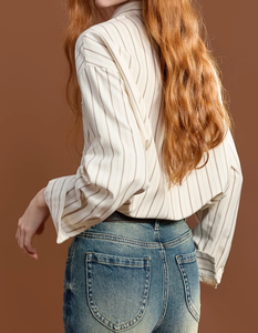 חולצה מפוספתית נשים שרוול ארוך עם צווארון דש, צווארון לבן חולצה שיק מינימליסטי - Product Image 3