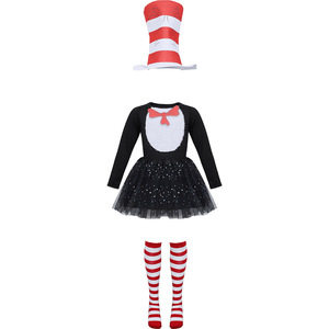 The <b>Cat</b> in the Hat Costume Set for Girls Halloween Dress with Hat and Striped <b>Socks</b> - Product Image 1