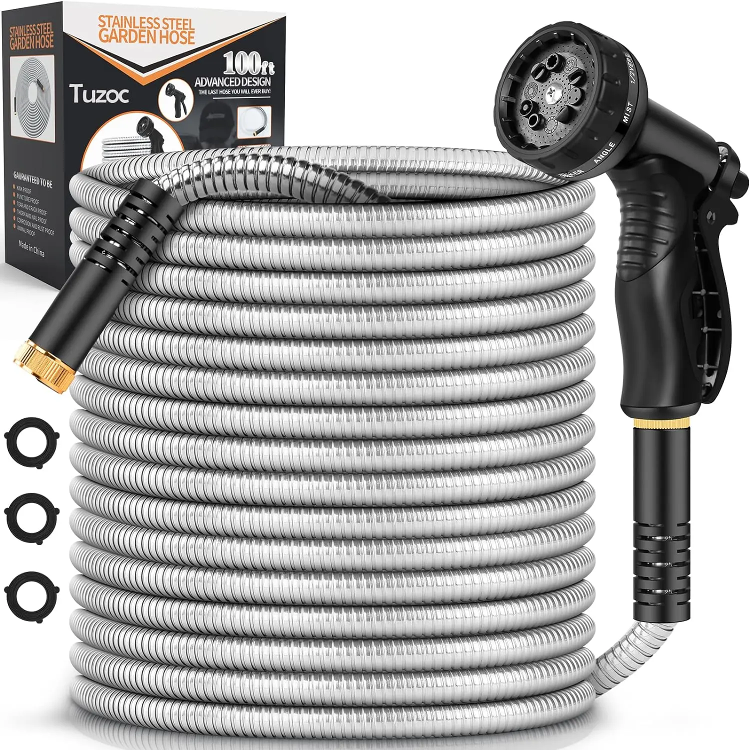 Tubo flessibile dell'acqua resistente in acciaio inossidabile 50FT 100FT in metallo per giardino con ugello a 10 funzioni, No-Kink, resistente e flessibile, robusto