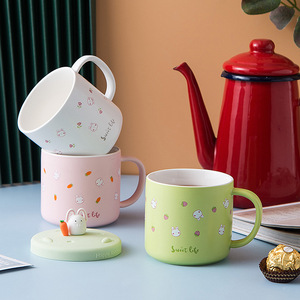 แก้วนมน่ารักลายการ์ตูน แก้วชาเซรามิก แก้วกาแฟลายกระต่ายน่ารัก พร้อมฝาปิด - Product Image 5