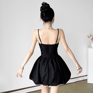 Women's Black Lace Trim <b>Spaghetti</b> <b>Strap</b> sweet Mini Dress, Bow Detail Corset Waist A-line Bubble Skirt - Product Image 2