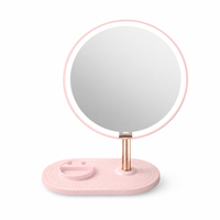 Miroir de maquillage LED rose tactile en gros, miroir de vanité de table rotatif à 90 degrés avec plateau de rangement pour bijoux