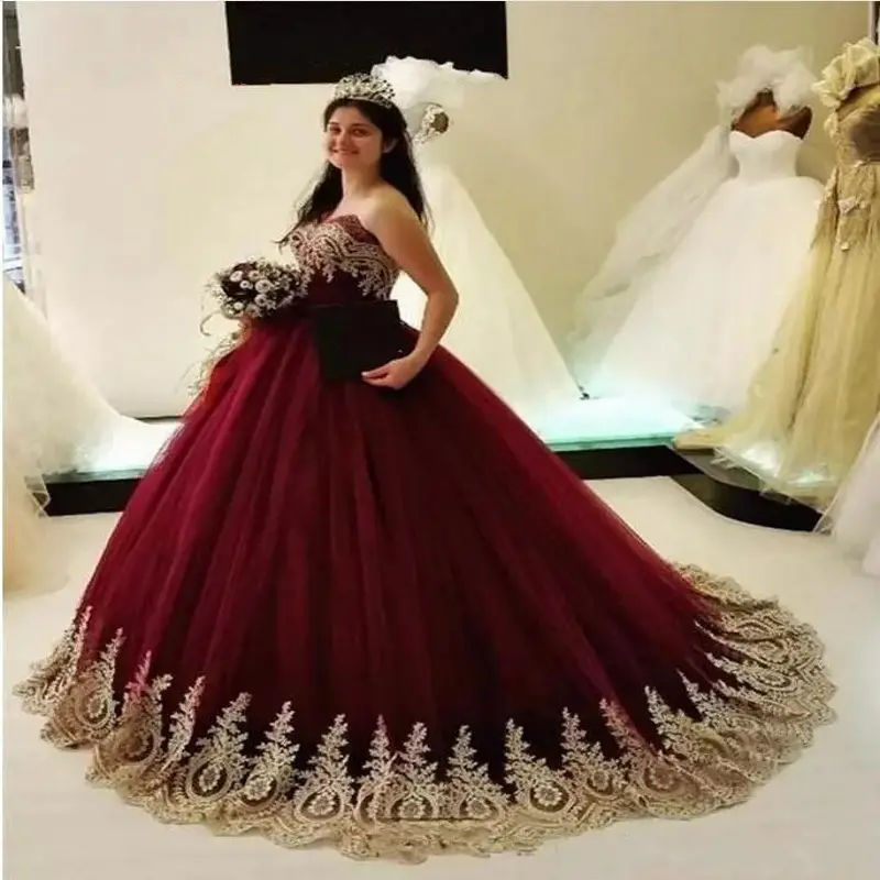 Luxury Sweetheart Neckline Ball Gown Burgundy Red and Gold Wedding Dress Prom