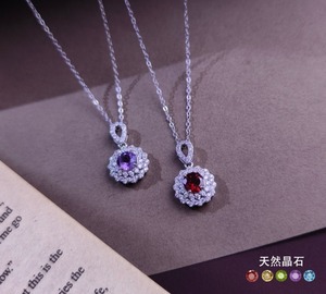 Collier pendentif simple en pierre naturelle double fleur avec halo, en argent sterling 925, pierres précieuses colorées, bijoux quotidiens pour femmes - Product Image 2