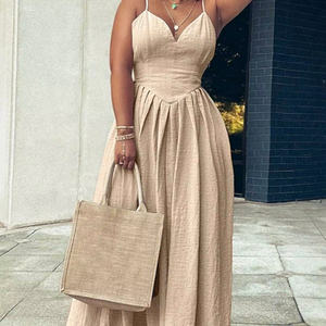 ชุดเดรสทรงเอสายเดี่ยวคอวีสีพื้นสำหรับผู้หญิงแฟชั่นฤดูร้อนแบบสบายๆ - Product Image 2