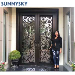 Portes en fer forgé de style français Sunnysky, entrée double, verre, devant moderne, sécurité, portes en fer forgé - Product Image 4