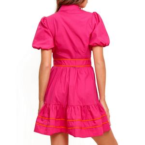 เดรสเชิ้ตสีชมพูสดใส แขนพอง แต่งเข็มขัด กระดุมหน้า ชายระบาย รุ่นใหม่ล่าสุดสำหรับผู้หญิง - Product Image 2