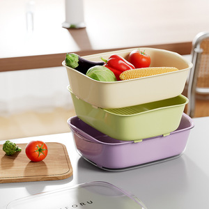 <b>Kitchen</b> Drain Basket Double Layer With Lid Large Capacity Rectangle Plastic Vegetable Washing Basin Fruit <b>Storage</b> Container - Product Image 2