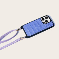 Étui de téléphone de luxe en cuir véritable bleu croco avec cordon, gaufré, pour 18 Pro Max, ajustement fin, antichoc, OEM, personnalisé en usine