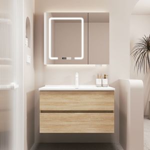 Meuble de salle de bain noir simple avec miroir intelligent, armoire suspendue et lavabo blanc - Product Image 4