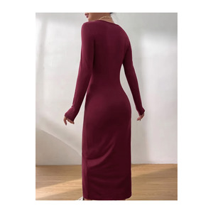 Robe crayon bordeaux à col rond pour femme, longueur 125 cm, tenue décontractée et sobre - Product Image 3