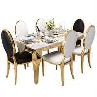 Ensemble de table à manger rectangulaire moderne de luxe en acier inoxydable doré avec plateau en marbre blanc pour 6 personnes