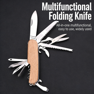 Couteau <span class=keywords><strong>suisse</strong></span> multifonction 11-en-1 avec manche en bois, outil de poche pliable avec couteau, ciseaux, ouvre-bouteille pour le camping et la survie - Product Image 3