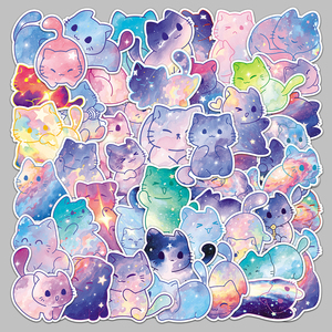 50 Stuks In De Fabriek Verkochte Hoogwaardige Dromerige Cartoon Originele Aquarel Sterrenhemel Kat Stickers Voor Laptops En Computers - Product Image 5