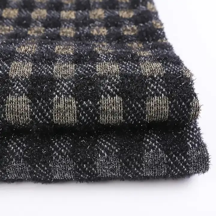 Custom Woolen Fabric 95.6%Polyester 3%M(lux) 1.4%Spandex 320GSM Black Plaid Check Italian Tweed Fabric For Sweater