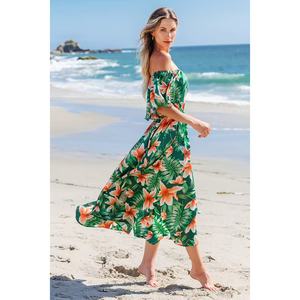 Nouvelle robe longue corset à volants, épaules dénudées, design tropical vert et orange - Product Image 6