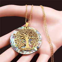 Abalone Shell Collier Arbre Vie En Acier Inoxydable Boho Bijoux Collier Or Naturel Mère Perle Shell Plante Motif pour les Femmes