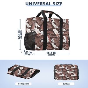 Wholesale Brown Leaf <b>Print</b> <b>Large</b> Foldable Shopping Bag Custom Logo Beach Travel Reusable Grocery Tote With Mesh Side Pockets - Product Image 5