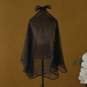 LUOXIN Retro Black Bow Trimmed Double-Layer Rhinestone Tulle Veil for Women <b>Wedding</b> Party - Product Image 3