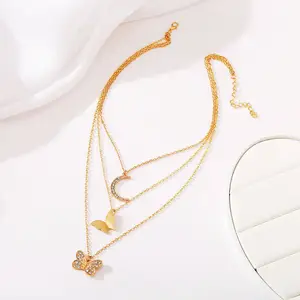 Hot Selling Star Moon Heart Butterfly Pendant Choker Necklace for Women Multi Layers Gold Plated Gift Jewelry