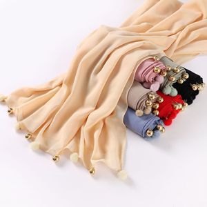 Hijabs en mousseline de soie de couleur unie avec boule poilue, nouvelle conception fantaisie, écharpe de tête musulmane islamique de luxe - Product Image 1