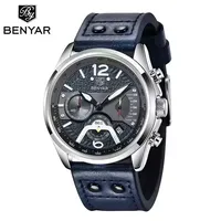 Jam Tangan Pria BENYAR 5171M 5171 Kulit Biru Casing Alloy Baru Kronograf Mesin Quartz Jepang