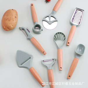 Juego de utensilios de cocina Xuanrui de 8 piezas, de acero inoxidable con mangos de madera de haya, aptos para lavavajillas, para uso doméstico. - Product Image 2