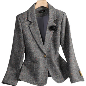Pink Wool Blazer Women Houndstooth Pattern Single Button Casual Suit Jacket Spring Autumn Wear - Product Image 5