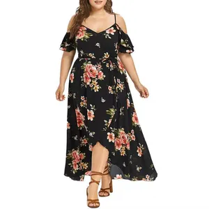 2022 Zomer Bohemen Vrouwen Casual Dress Korte Mouw Hoge Off Shoulder Strap Bloemen Gedrukt Chiffon Plus Size Jurken