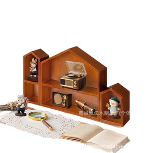 Vintage Solid Wood <b>Desktop</b> Organizer Irregular Shape 2 Tier Standing Type For Study Desk Storage And Display <b>Shelves</b> - Product Image 1