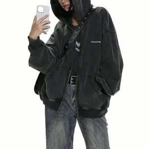 Sudadera con capucha y cremallera de 500 GSM lavada personalizada para mujer, informal, con logotipo frontal de estilo cuadrado, con capucha para todas las estaciones, para invierno, otoño y primavera - Product Image 6