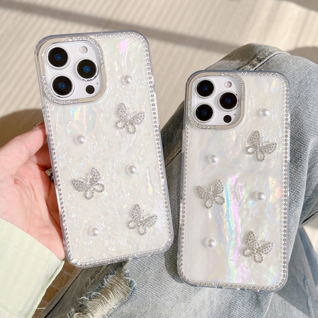 New Flash Diamond Colorful Drops Pearl Butterfly TPU Shockproof Phone Case for 16/15 Pro Max/14 Customizable