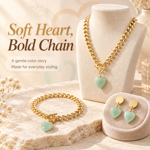 Tendance du moment : Ensemble de bijoux 3 pièces pour femme en acier inoxydable, avec breloque cœur en pierre naturelle et fermoir OT à maillons épais - Product Image 2
