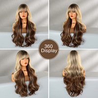 Perruque longue ondulée tendance de 30 pouces avec frange droite, volumineuse, douce et mate, en fibre haute température, fabriquée à la machine