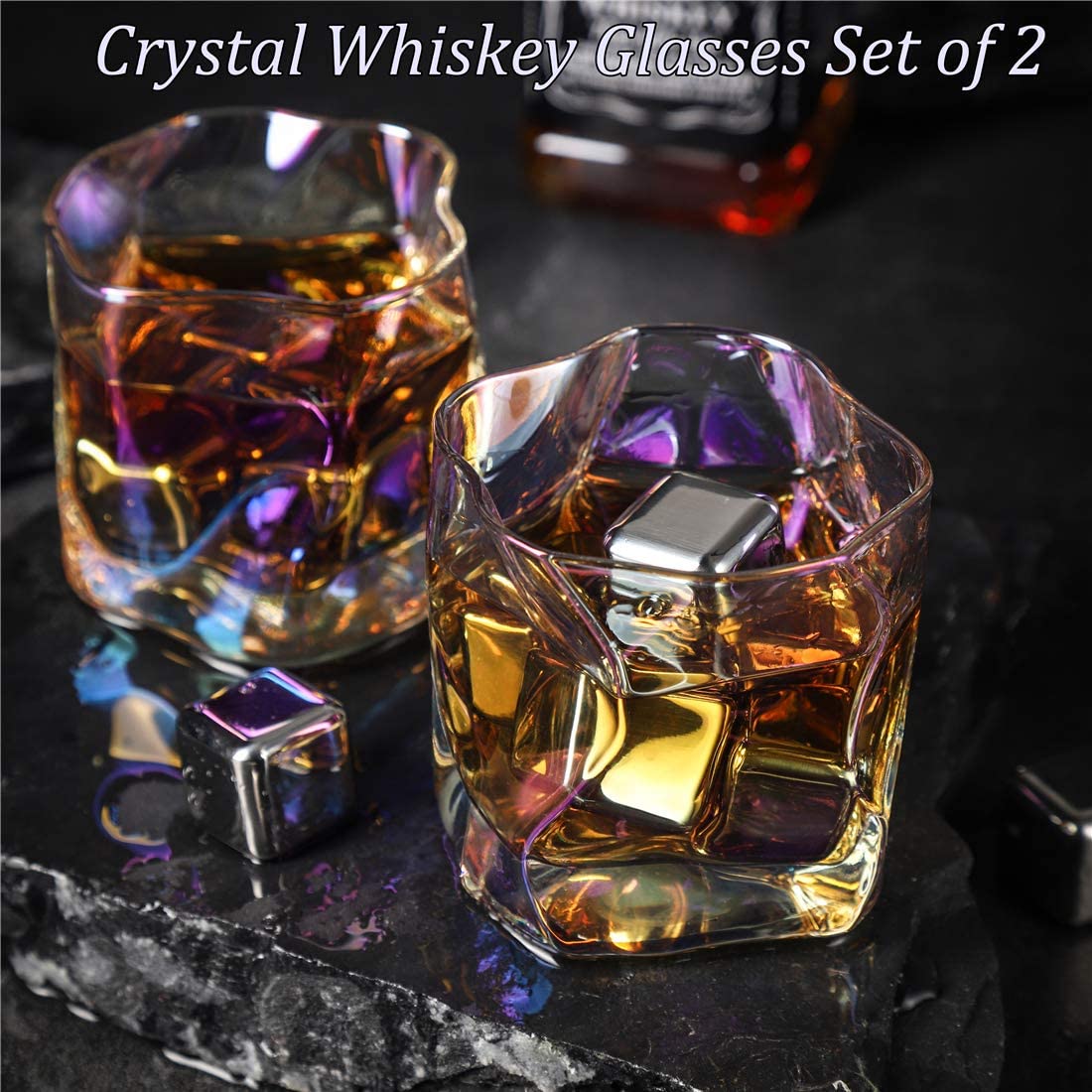 Whiskey Glasses Set of 2 with Iridescence 10 oz Colorful Cocktail Glasses Hand-blown Lead-free Bar Crystal Glass