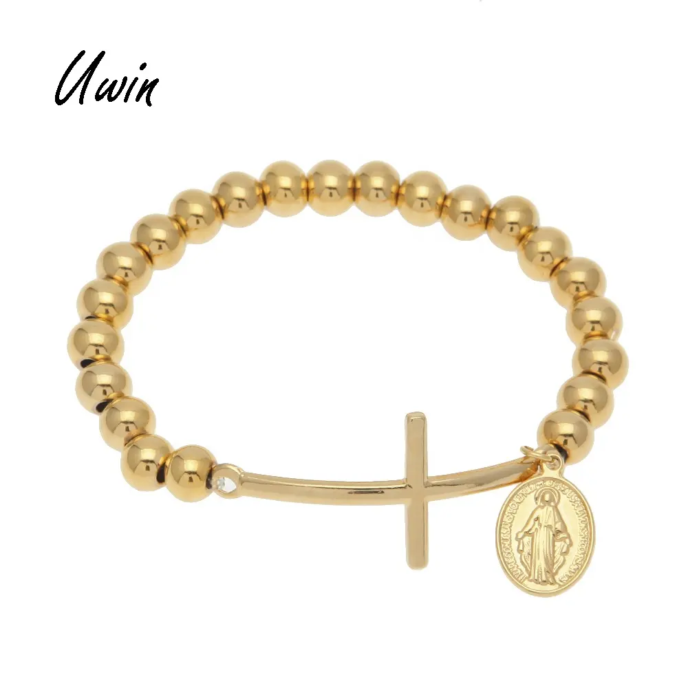 De acero inoxidable de oro 8mm cuentas de Rosario cadena de los hombres y las mujeres pulsera con la Virgen María colgante de regalo de moda