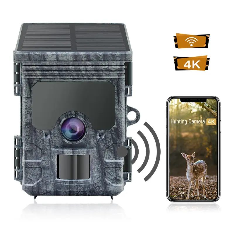 Trail Camera Solar Powered WiFi 4K BT Game Camera Night Vision Wildlife Monitoring Property Security Hunting Scouting Camera