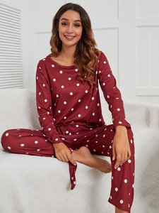Pijama Feminino KISS ME ANGEL com Estampa de Poá, Gola Redonda, Manga Longa, Conjunto Confortável de Duas Peças para Uso em Casa - Product Image 4